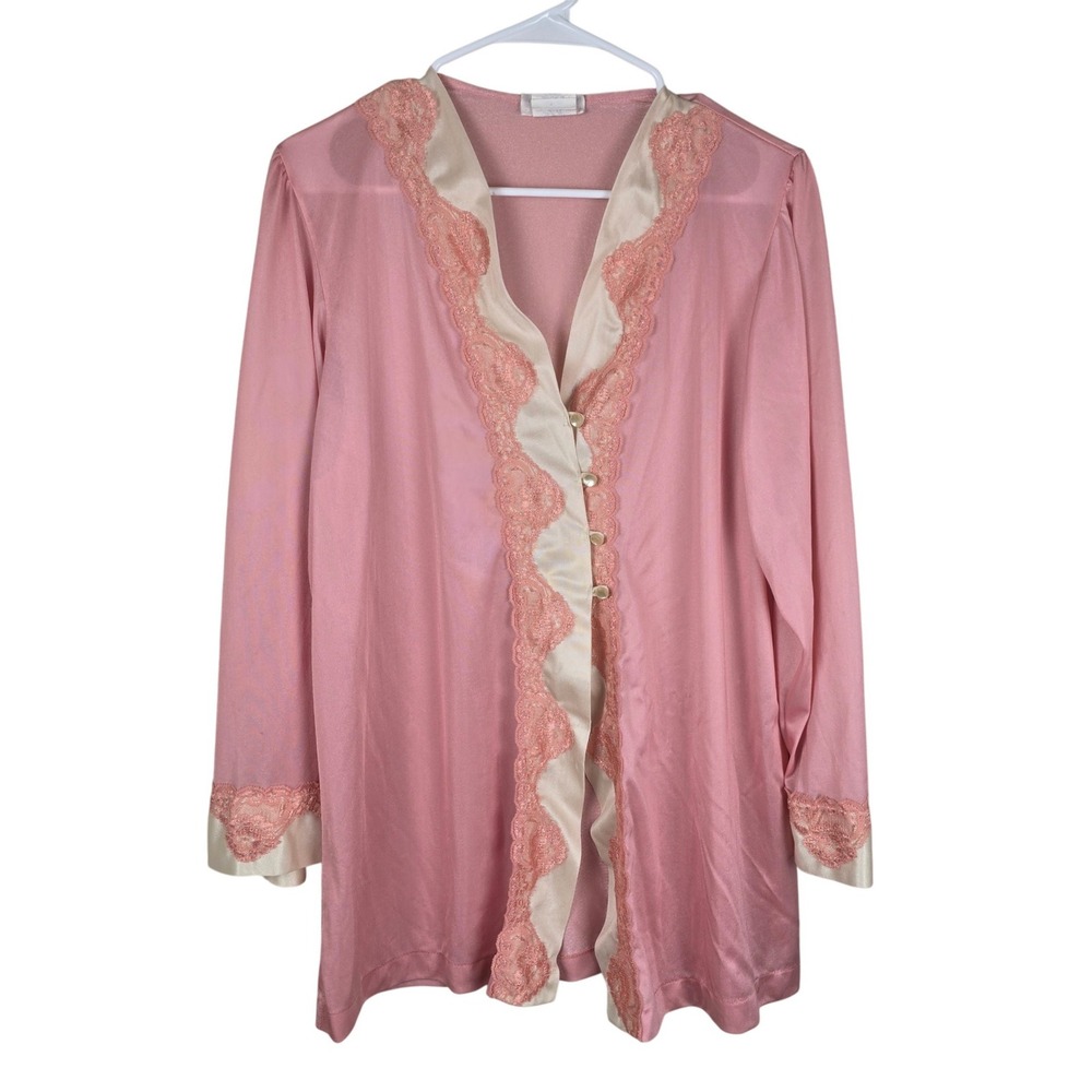 Vintage Undercover Wear Pink Bed Jacket Lingerie Robe‎ Lace Trim Button Front